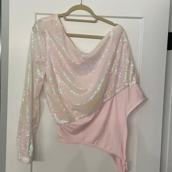 NYE One Shoulder Iridescent Pink Plus Size Bodysuit - Picture 2 of 5
